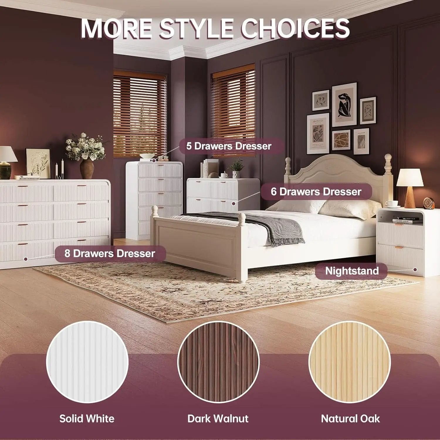 Fluted 6 Drawer Dresser 54 Inch White Solid Wood Storage from PriceLows™