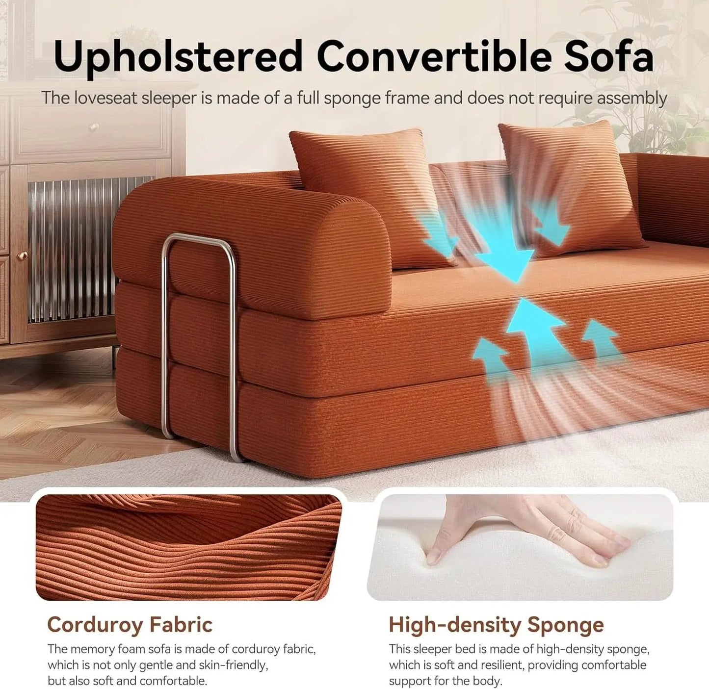 79 Inch Convertible Sofa Bed Orange CorduroyPillows from PriceLows™