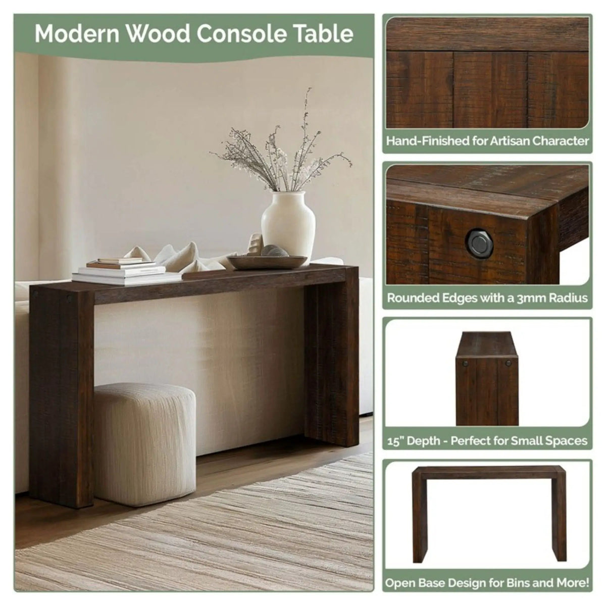 Modern Console Table | 54 Inch Width | Solid Wood Construction | Clean-Lined Design