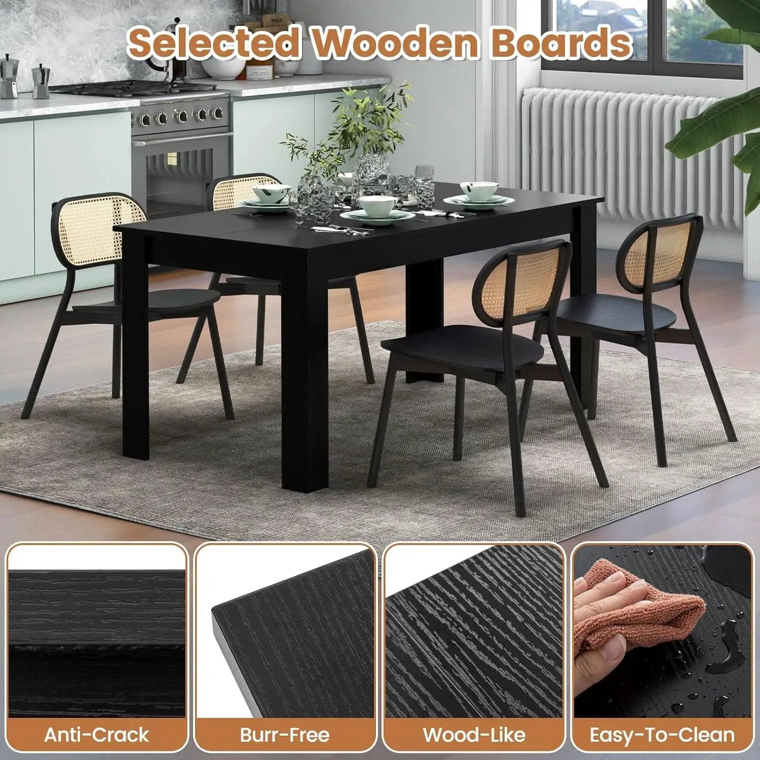 63 Inch Wood Dining Table For Four To Six People Black from PriceLows™