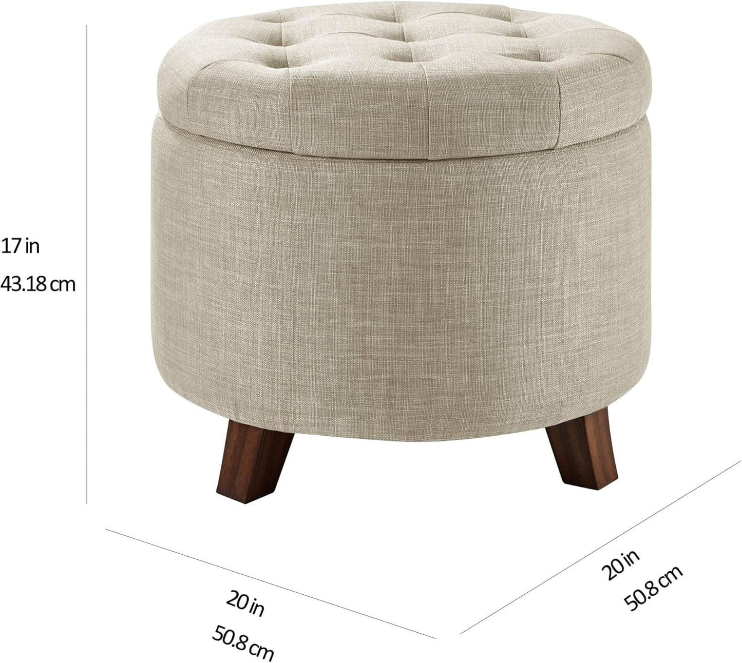 Beige Linen Round Storage Ottoman Featuring Tufting from PriceLows™