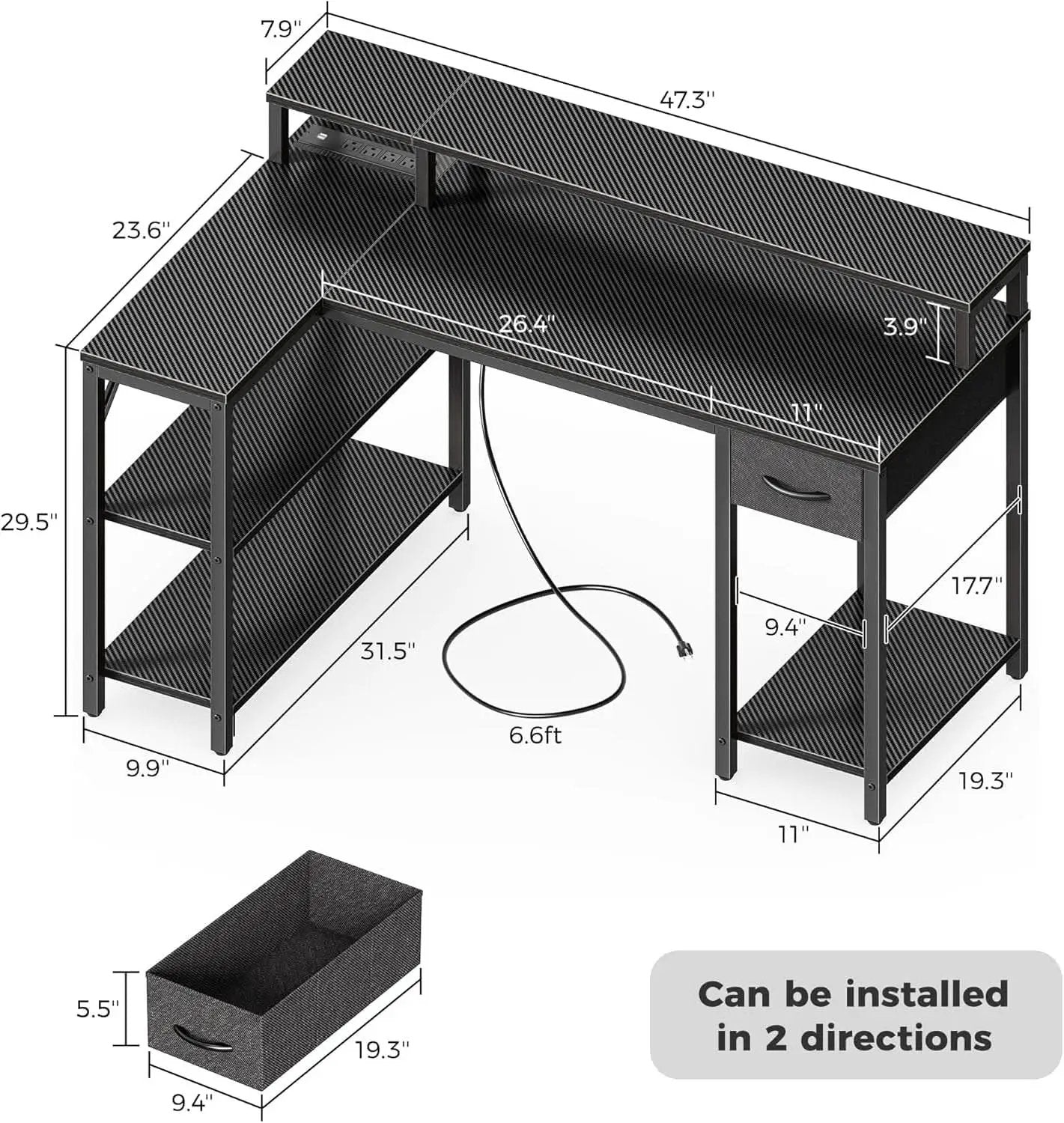 47 Inch L Shaped Gaming Computer Desk Power Outlets Plus from PriceLows™