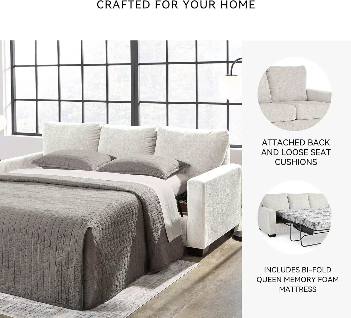 White Queen Upholstered Sleeper Sofa With Gel Memory Foam from PriceLows™