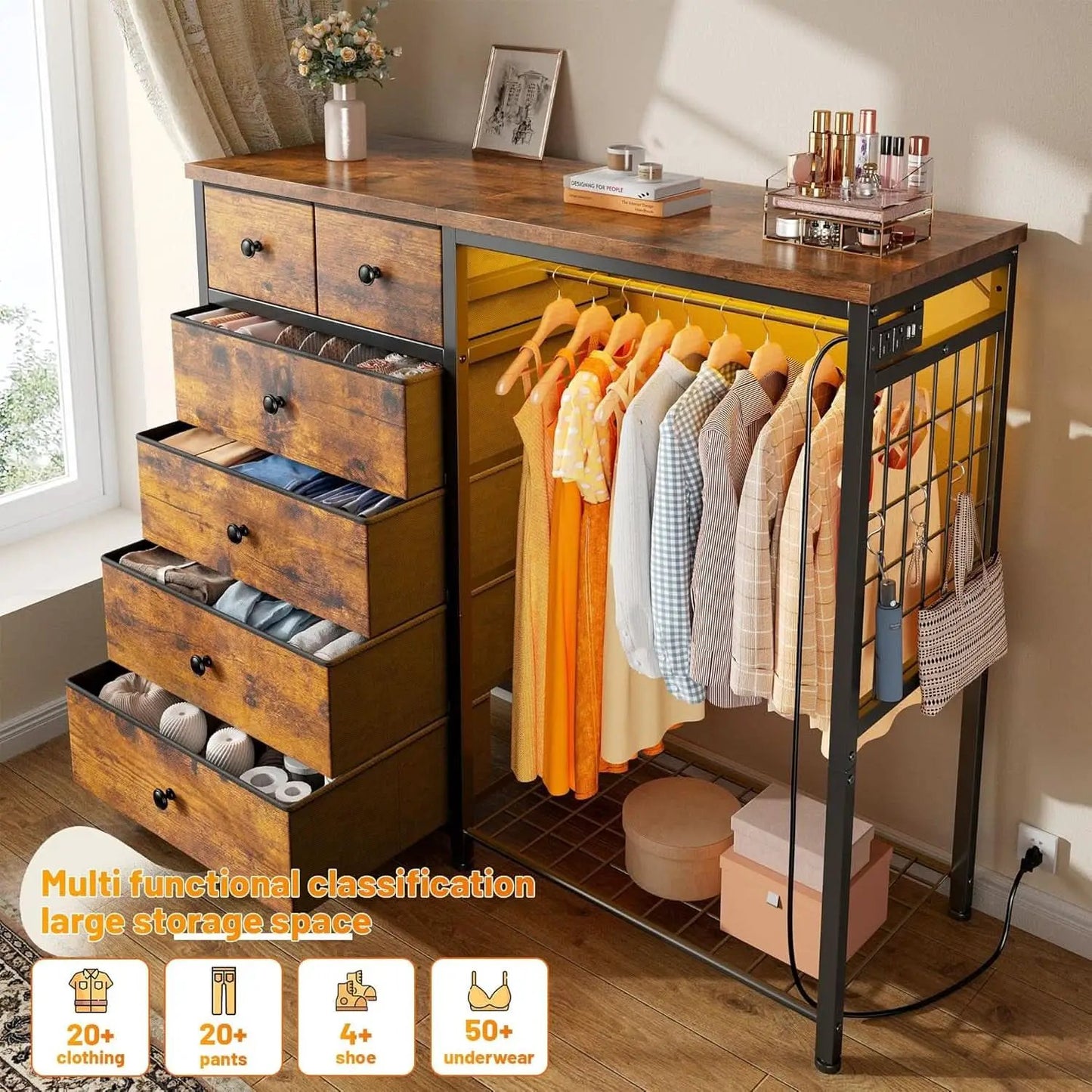 49 Inch Rustic Brown Dresser With Clothes Rack LED Lights from PriceLows™