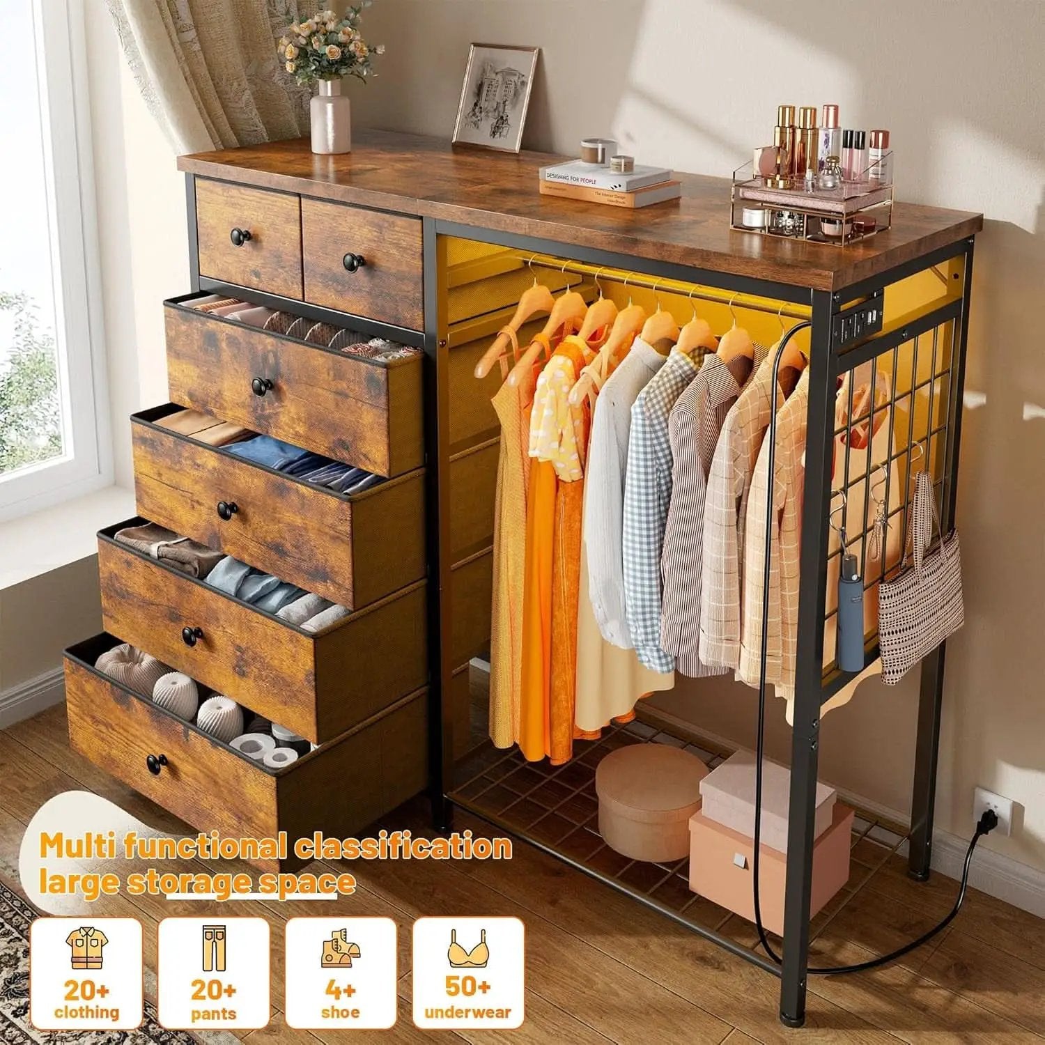 49 Inch Rustic Brown Dresser With Clothes Rack LED Lights from PriceLows™