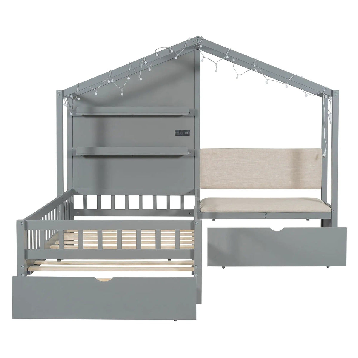 House Bed With Upholstered Sofa, Wireless Charging Station, Shelves And 2 Drawers | 2 Pieces | 2-Drawer | Bedroom