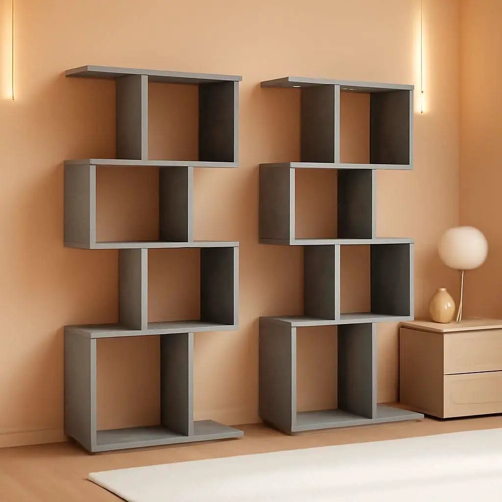 Gray Five Tier Geometric Bookshelf Set Of 2 70 Inch Tall from PriceLows™