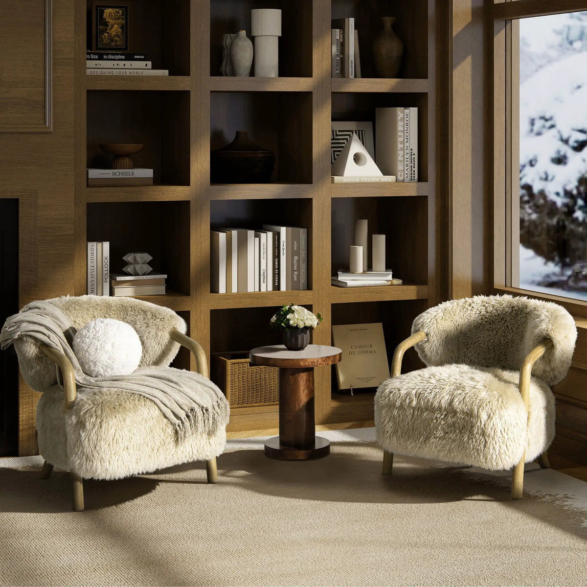 Becker Rustic Oak Sheepskin Upholstered Accent Arm Chair | 31.5 x 28.5 x 30 in | Wood | Taupe Beige