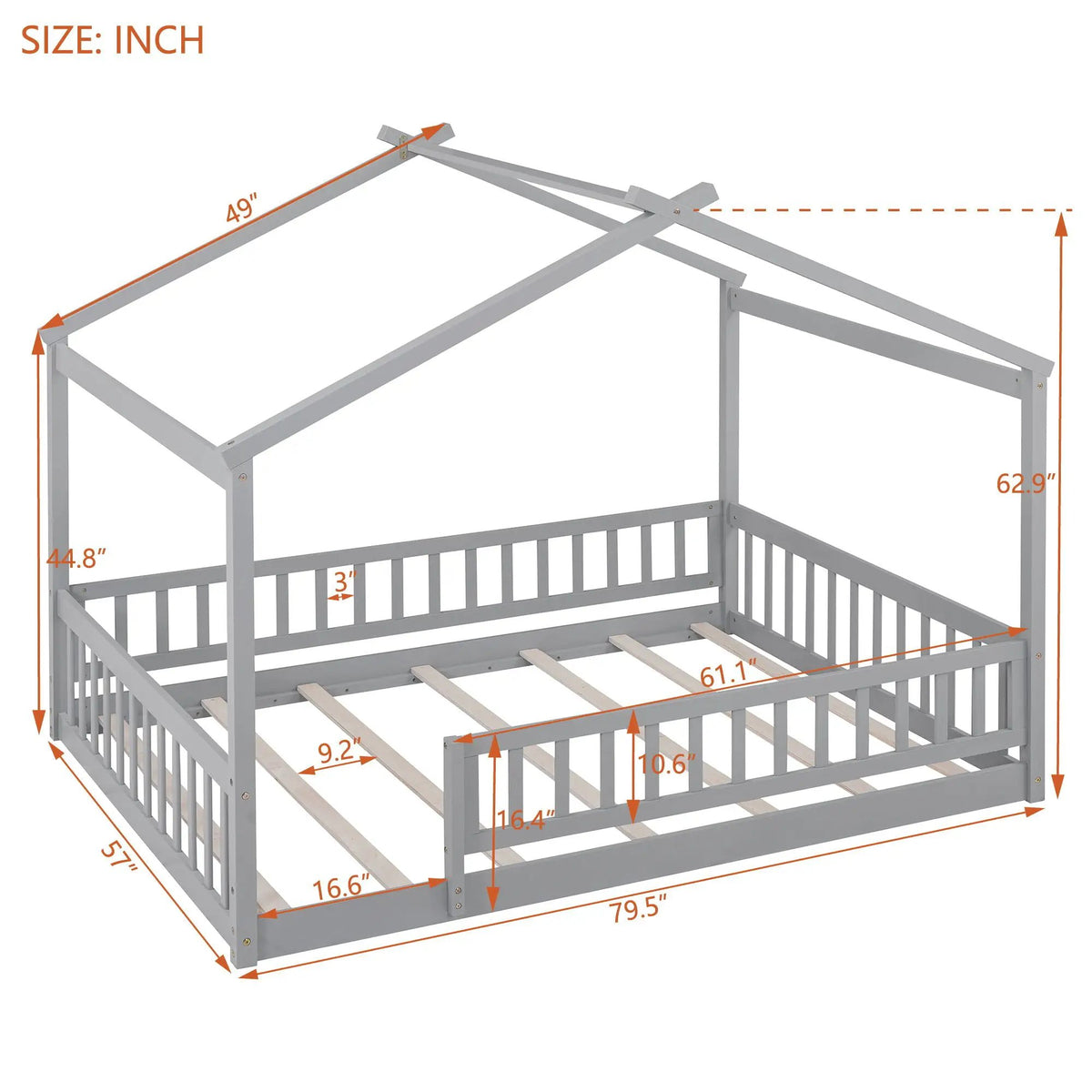 Kids Bed Frame | Playhouse Design | Roof And Fence | Toddler Size