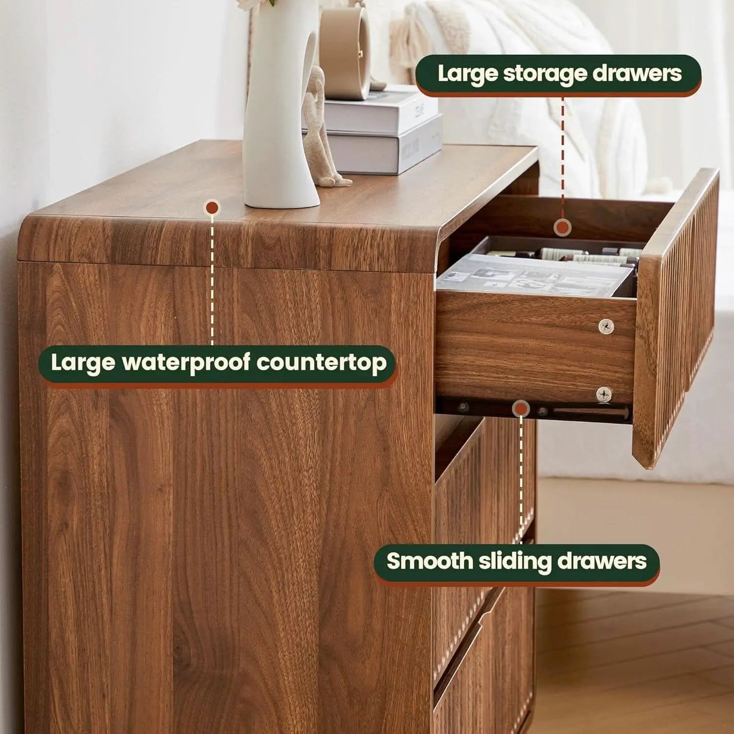 Walnut Fluted Three Drawer Dresser 31 Inch Wide Storage from PriceLows™