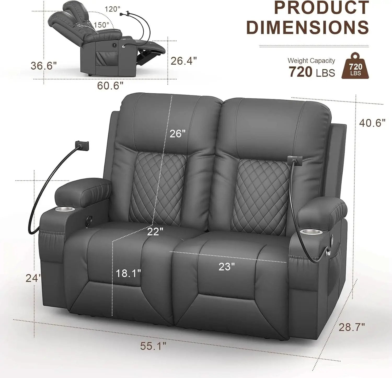 Gray PU Leather Two Seater Recliner Loveseat With USB Ports from PriceLows™