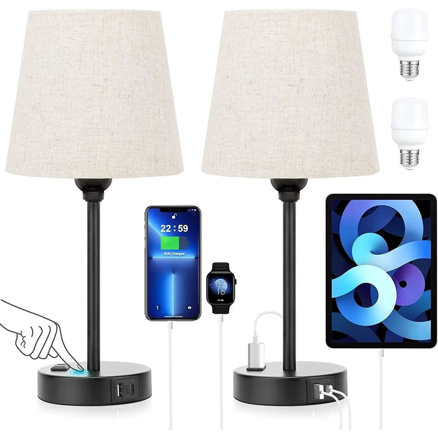 Set of 2 Mini Bedside Lamps With USB C And AC Outlets from PriceLows™