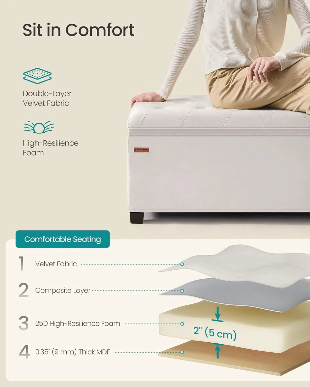 Cream Storage Ottoman Bench 43Inch Living Room Furniture from PriceLows™