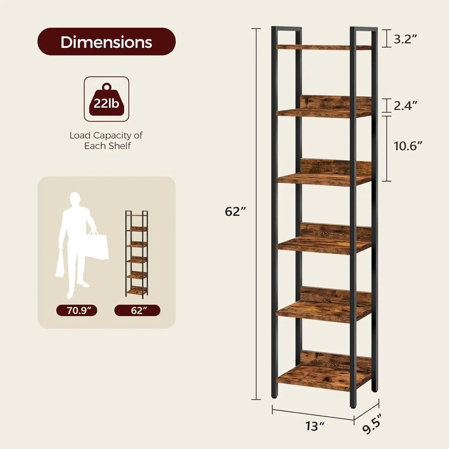 Six Tier Standing Bookcase In Rustic Brown And Black For Small Spaces from PriceLows™