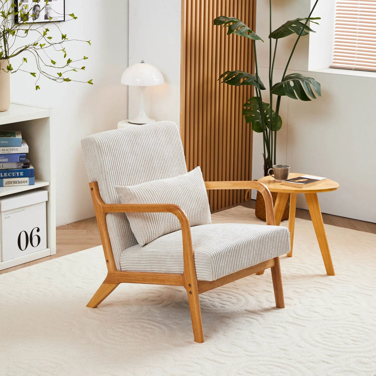 Upholstered Accent Arm Chair | Rubberwood Frame | Removable Pillow | Natural Texture