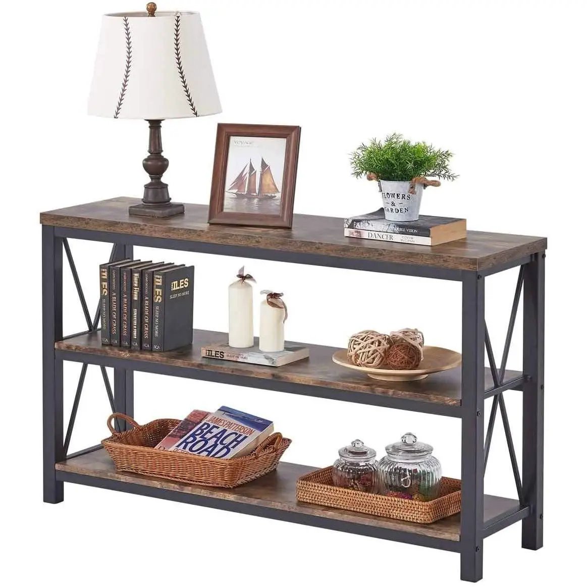 Rustic 47 Inch 3 Tier Sofa Console Table With Open Shelves from PriceLows™