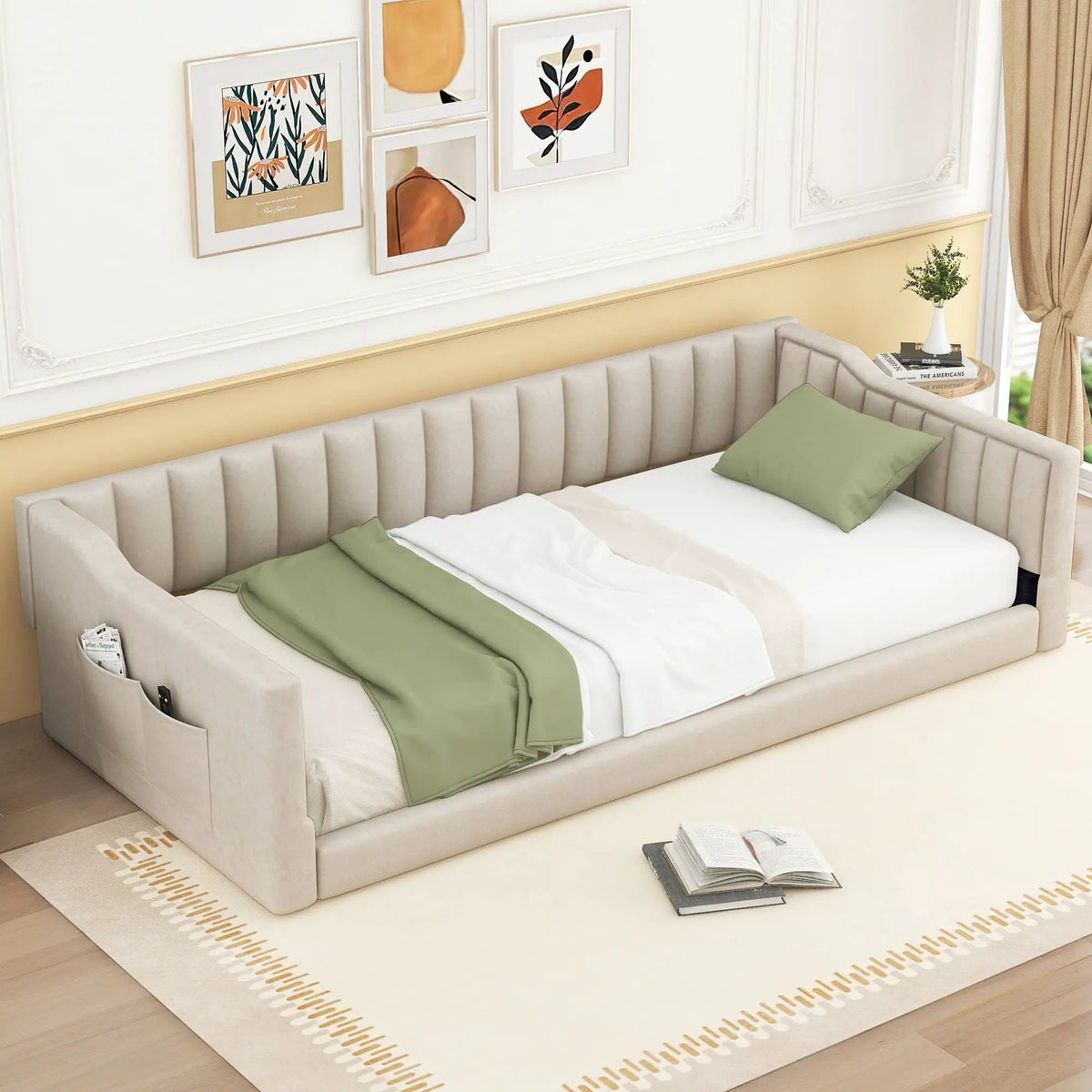 Compact Daybed | Side Storage Pocket | Vertical Stripe Upholstery | 87.8 Inch Length