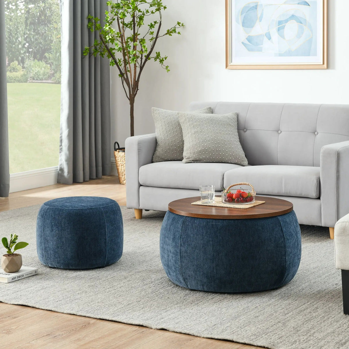 Round Storage Ottoman | Pleated Fabric | Removable Lid