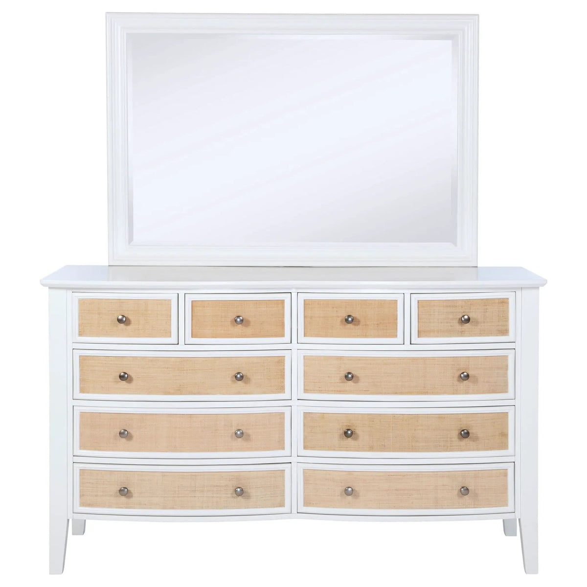 Bexhill 10-drawer Dresser and Mirror | 65 x 21.75 x 75.25 in | Rattan | White
