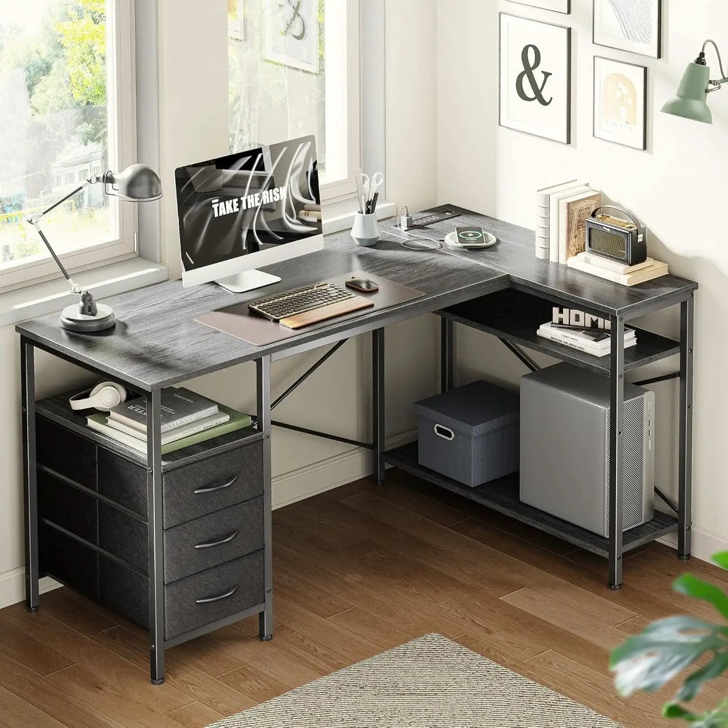 47 Inch L Shaped Desk With Power Outlets And 3 Drawers Grey from PriceLows™
