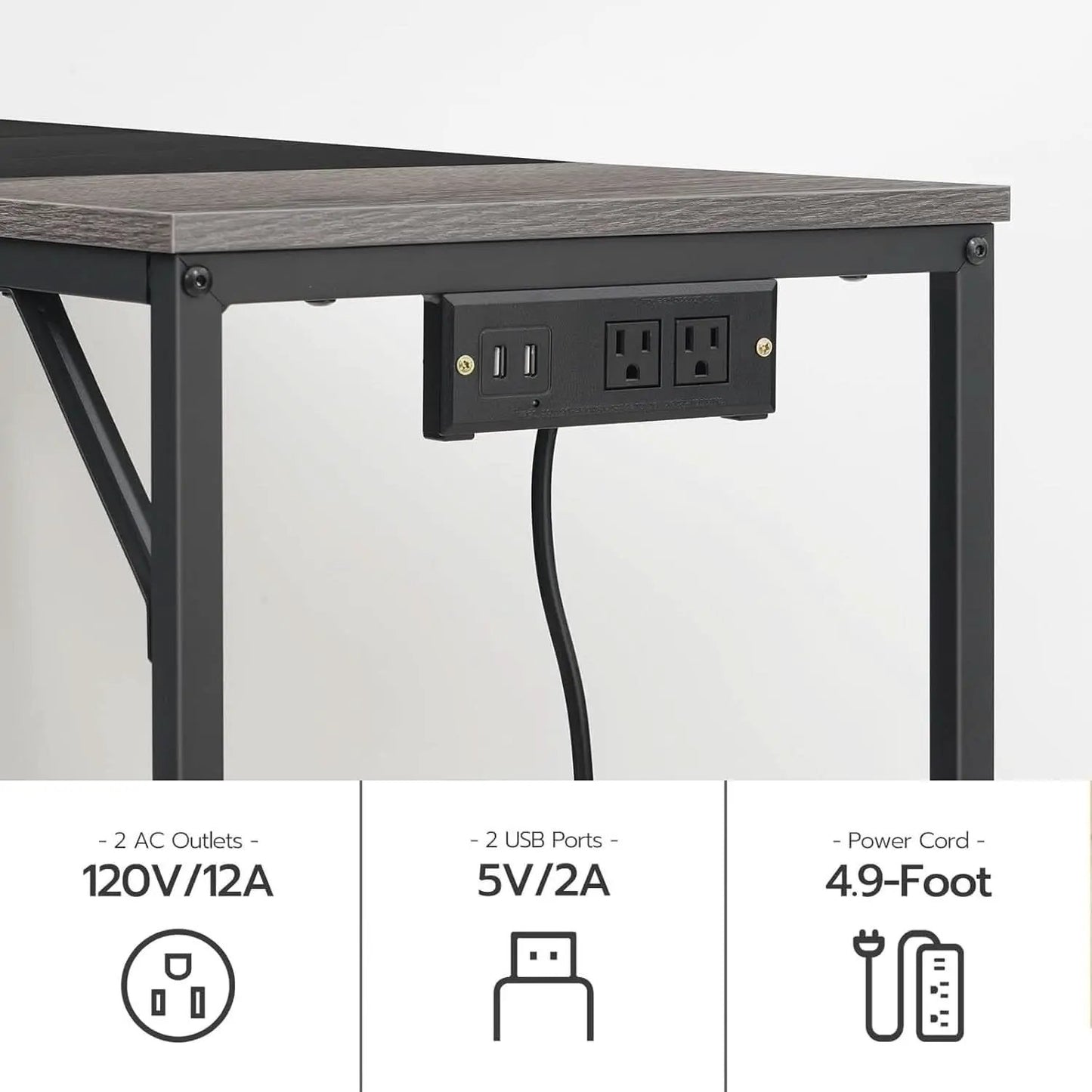 Charcoal Gray Computer Desk With Power Outlet And Hooks from PriceLows™