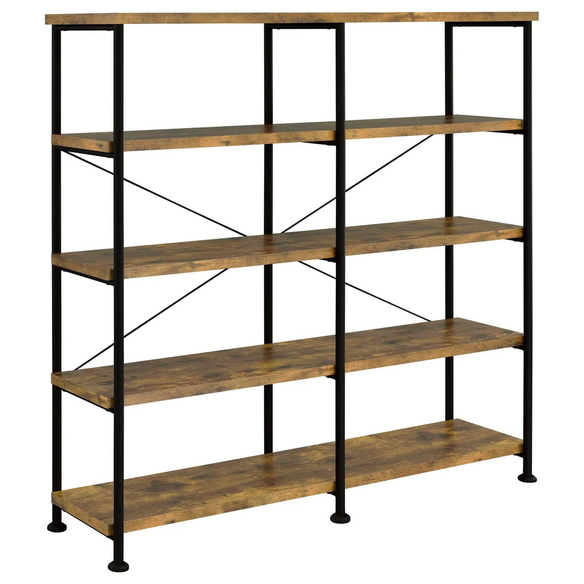 Analiese 63-inch 4-shelf Double Bookshelf Rustic Nutmeg Standard Bookcase | 60 x 14.25 x 63 in | Engineered Wood & Metal | Home Office