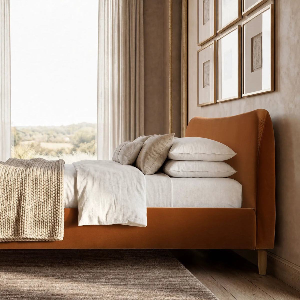 Roman Upholstered Platform Bed | Curved Headboard | Upholstered Rails | Eco-Friendly Construction