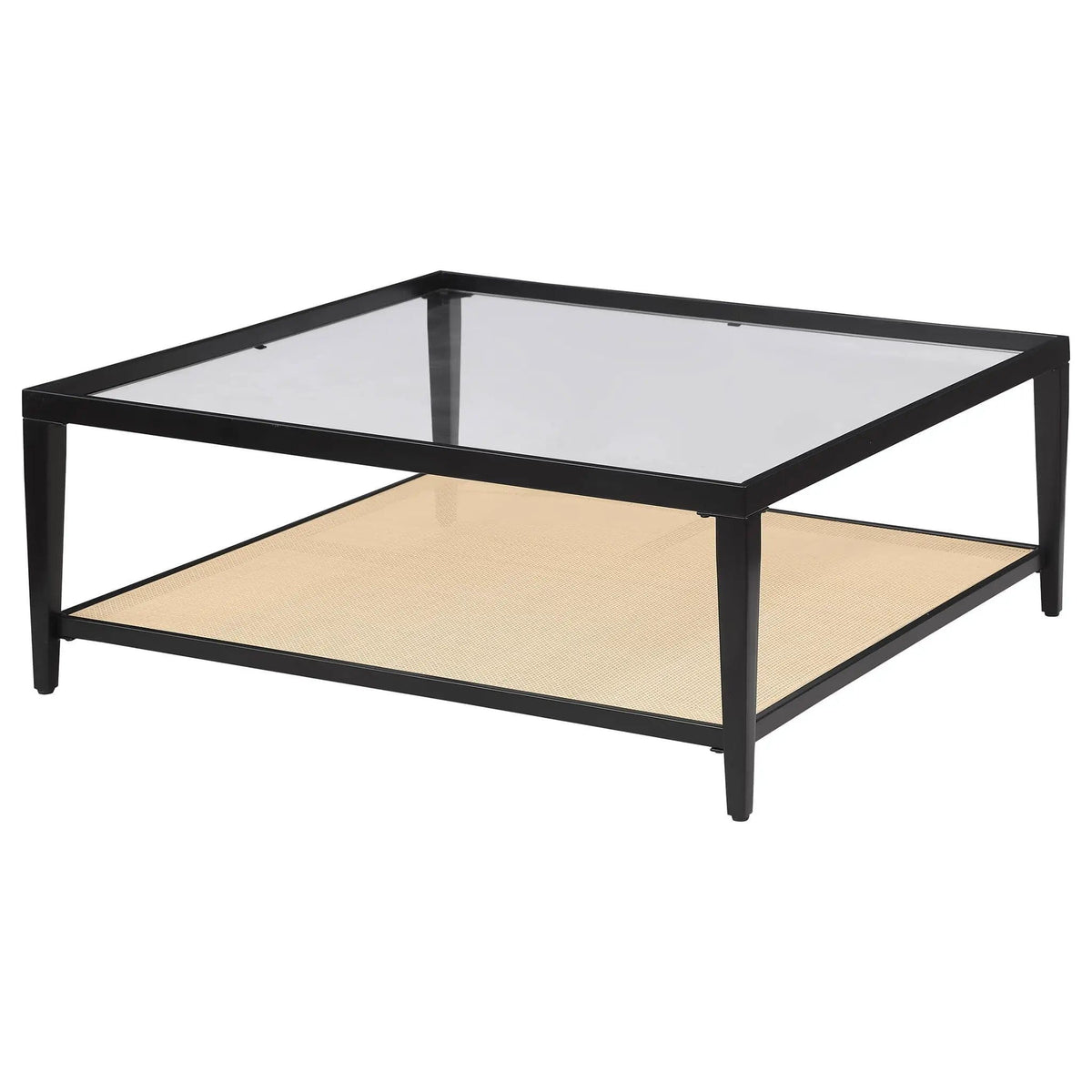 Amherst Glass Top Metal with Cane Shelf Coffee Table | 40 x 40 x 16 in | Rattan & Glass | Black