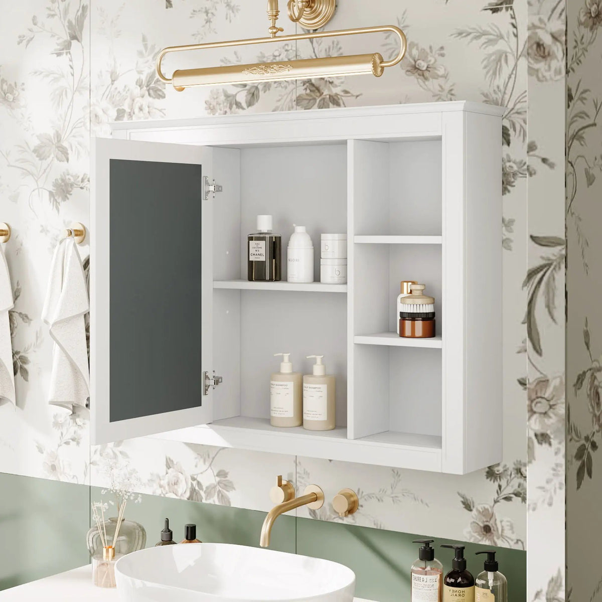 Wall Mounted Medicine Cabinet | Adjustable Interior | 6 Open Shelves