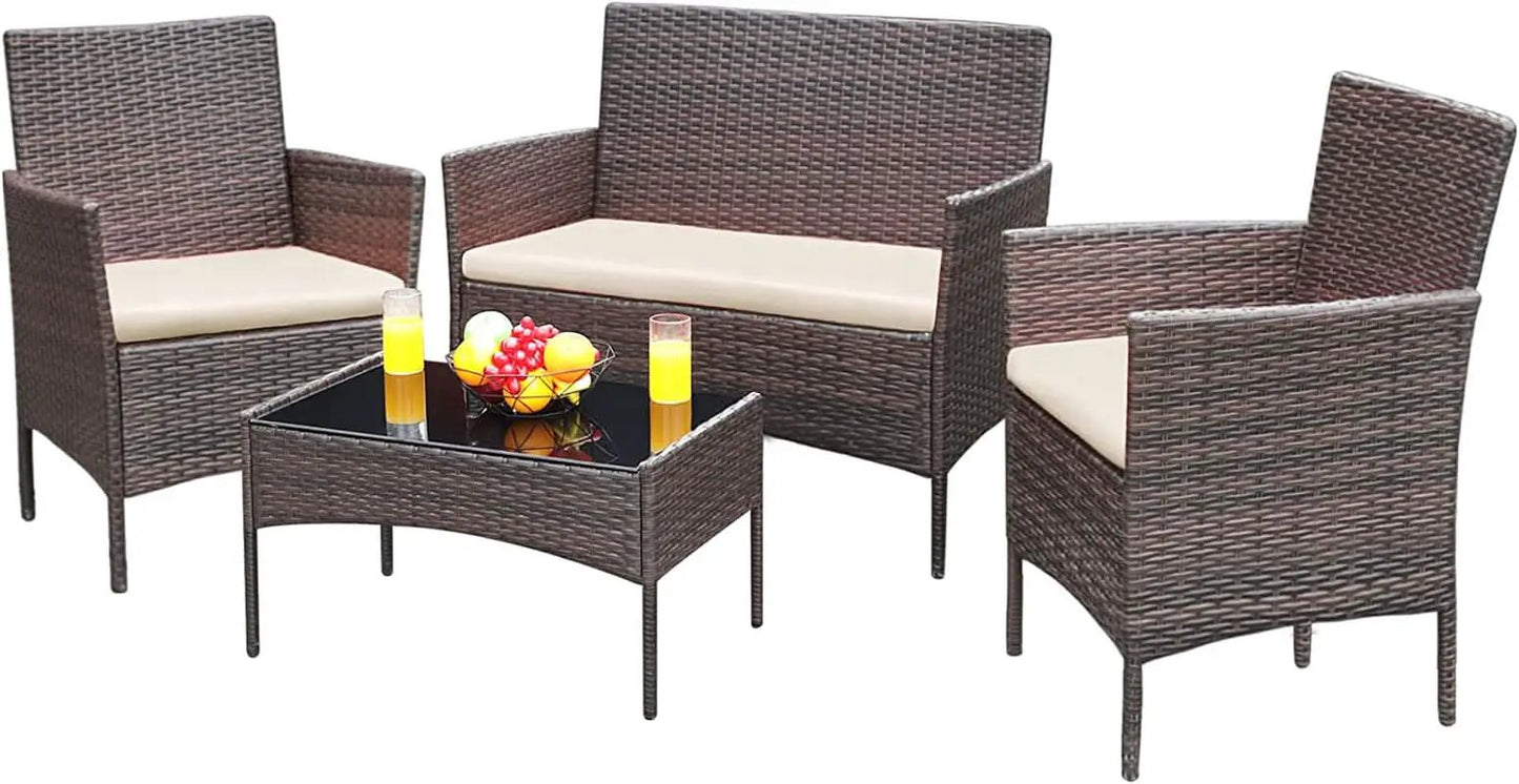 4 Piece Wicker Patio Set With Glass Table Beige Cushions from PriceLows™