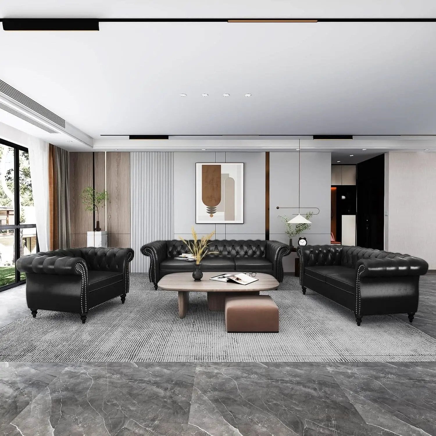 3 Piece Living Room Set Sectional Chesterfield Sofa Chair Artificial Leather Black from PriceLows™