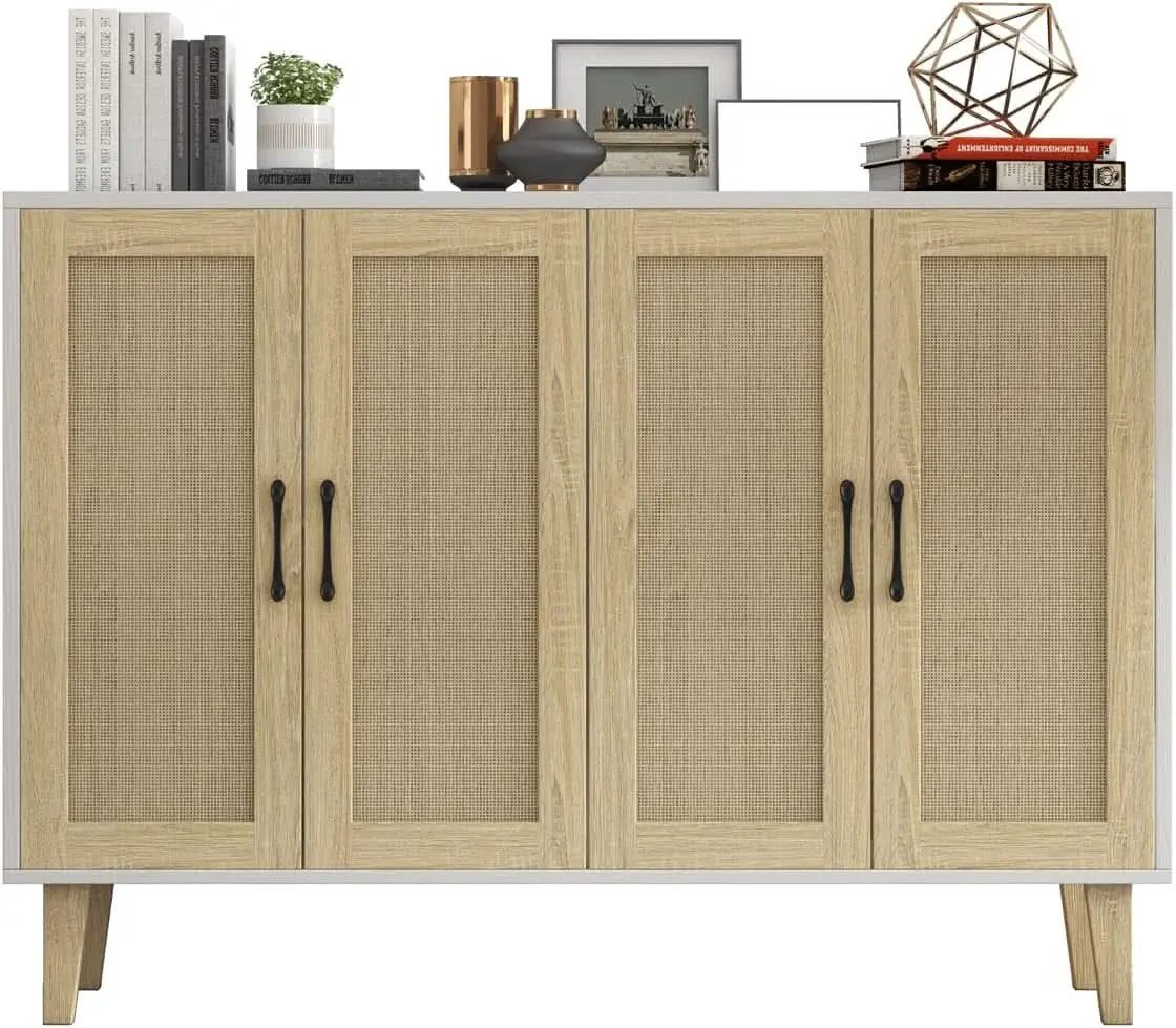 Buffet Storage Cabinet White Rattan Decor 4 Doors 48 Inch from PriceLows™