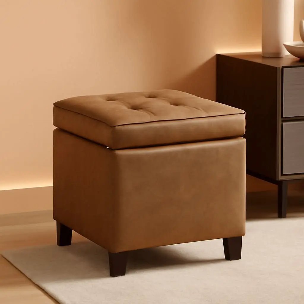 Small Distressed Brown Faux Leather Storage Ottoman from PriceLows™