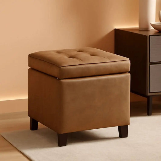 Small Distressed Brown Faux Leather Storage Ottoman from PriceLows™