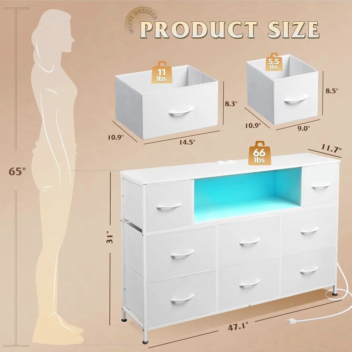 White Dresser TV Stand for 55 Inch TV with Charging Station LED Lights from PriceLows™