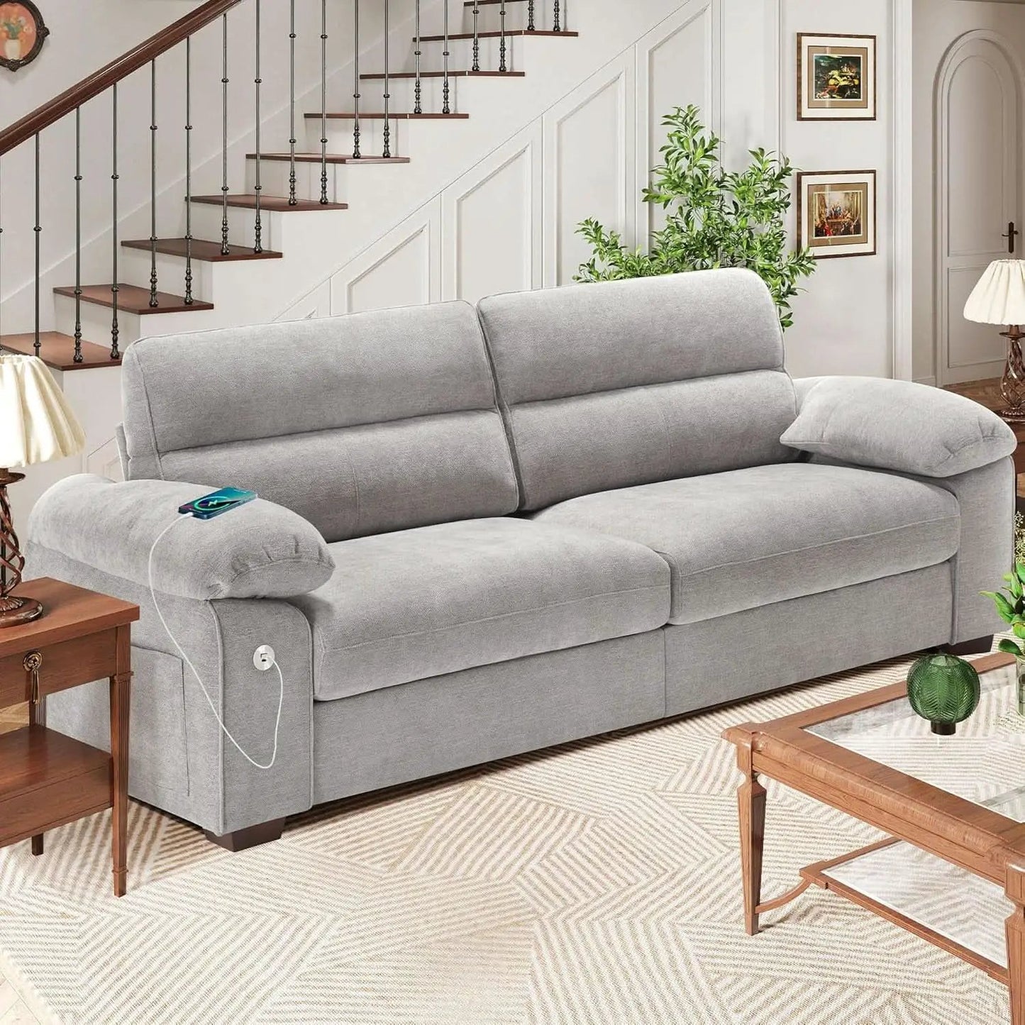 70 Inch Gray Chenille Loveseat With USB C Ports And Plush Cushions from PriceLows™