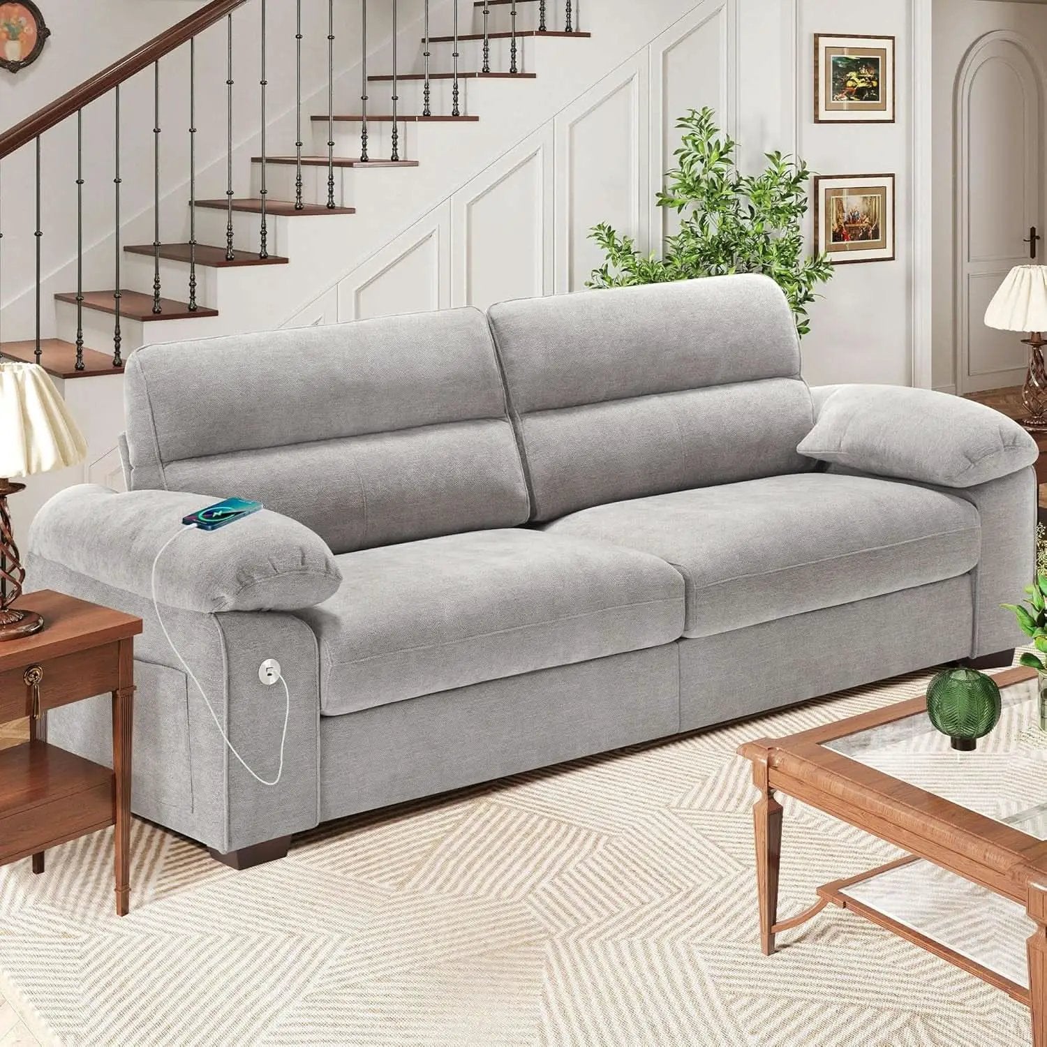 70 Inch Gray Chenille Loveseat With USB C Ports And Plush Cushions from PriceLows™