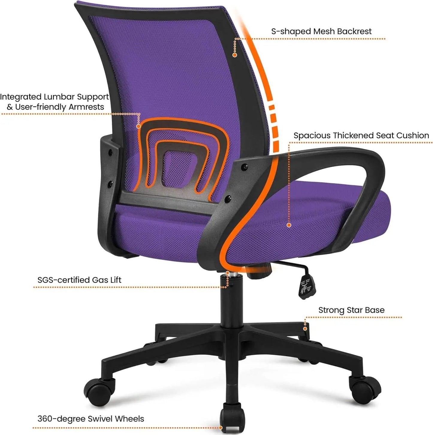 2Pcs Ergonomic Purple Mesh Desk Chairs With Lumbar Support For Long Workdays And Back Pain Relief from PriceLows™