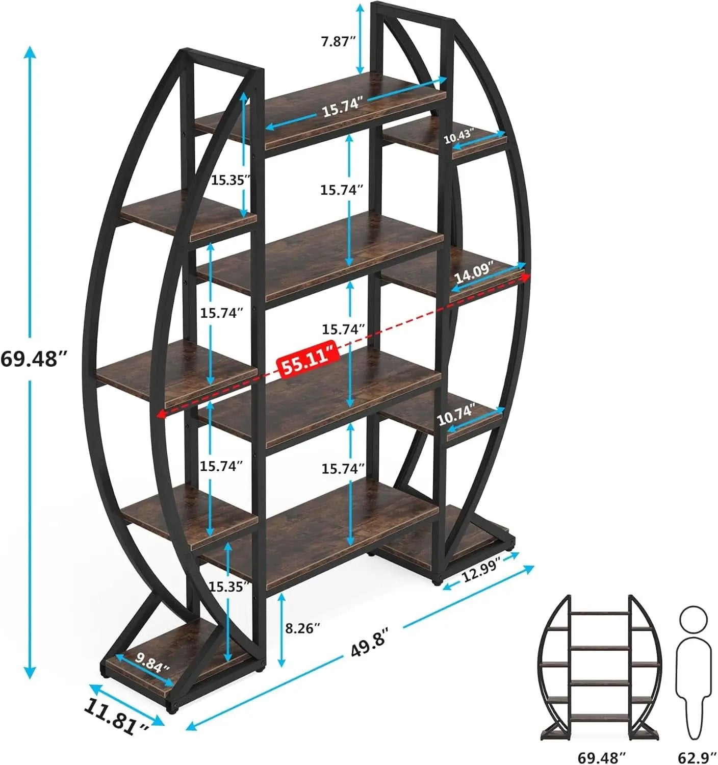 Oval 55 Inch Brown Industrial Display Etagere Bookcase from PriceLows™