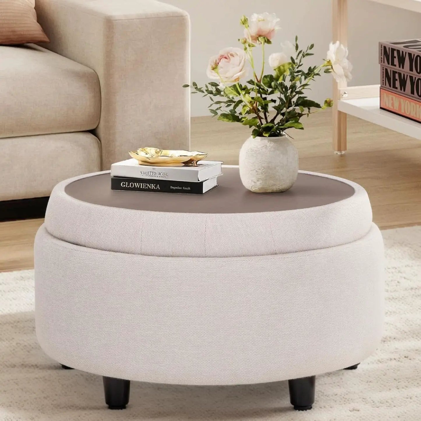 Beige Polyester Circular Storage Ottoman With Tray from PriceLows™