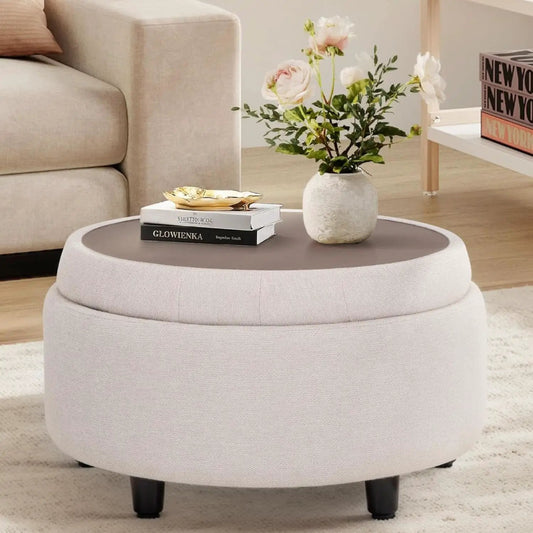 Beige Polyester Circular Storage Ottoman With Tray from PriceLows™