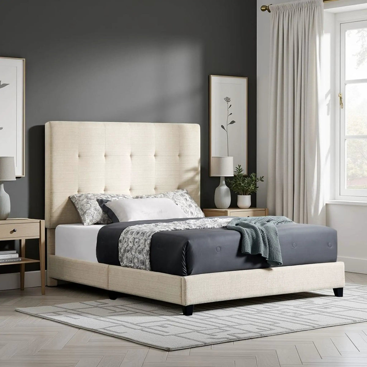 Tufted Upholstered Headboard Platform Bed | Laminated Veneer Lumber | CertiPUR-US Foam | 60 Inch Height