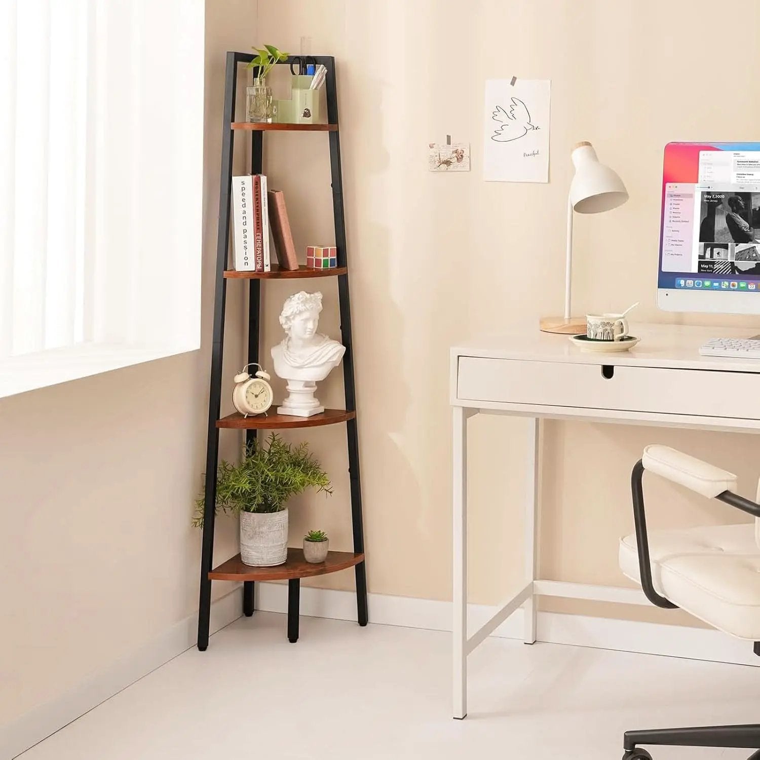 4 Tier Corner Bookshelf With Metal Frame Ladder Display from PriceLows™
