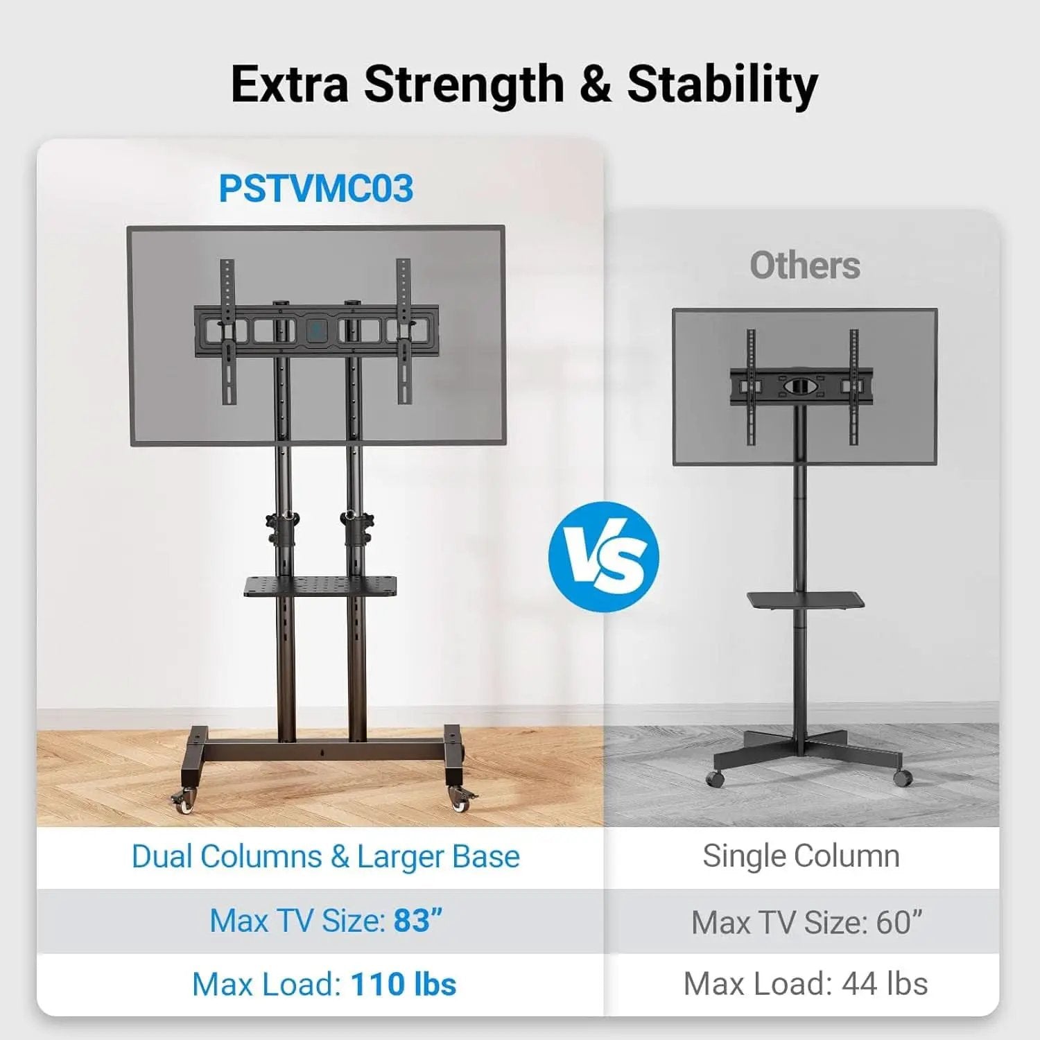 Rolling TV Stand Height Adjustable 32 To 83 Inch Screens from PriceLows™