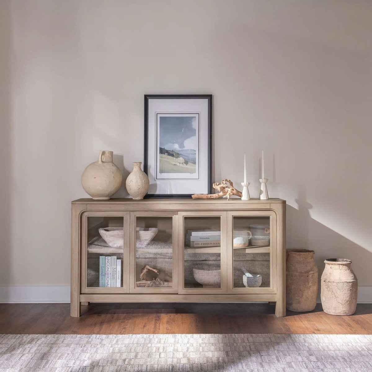 Solano Sliding Door Dining Sideboard Server Weathered Mango | 64 x 18 x 34.75 in | Engineered Wood & Glass | Dining Room