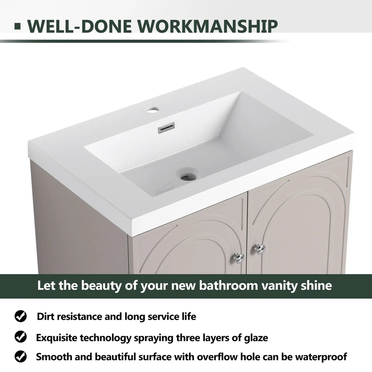 Contemporary Freestanding Bathroom Vanity With Resin Sink & Soft-Close Cabinet Doors | 7 Pieces | Stainless Steel & Plywood | Bathroom
