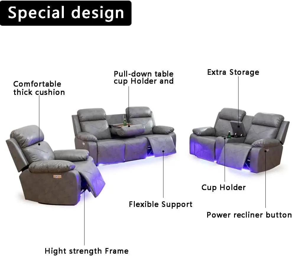 Power Leather Recliner Sofa Set, 2 Piece With LED Lights And USB Ports, Grey from PriceLows™