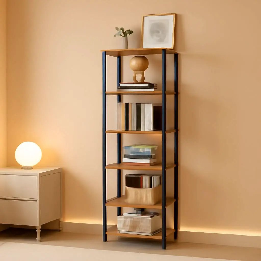 Six Tier Tall Bookshelf Narrow Rustic Brown Bookcase from PriceLows™