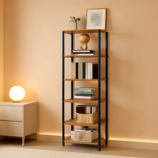 Six Tier Tall Bookshelf Narrow Rustic Brown Bookcase from PriceLows™