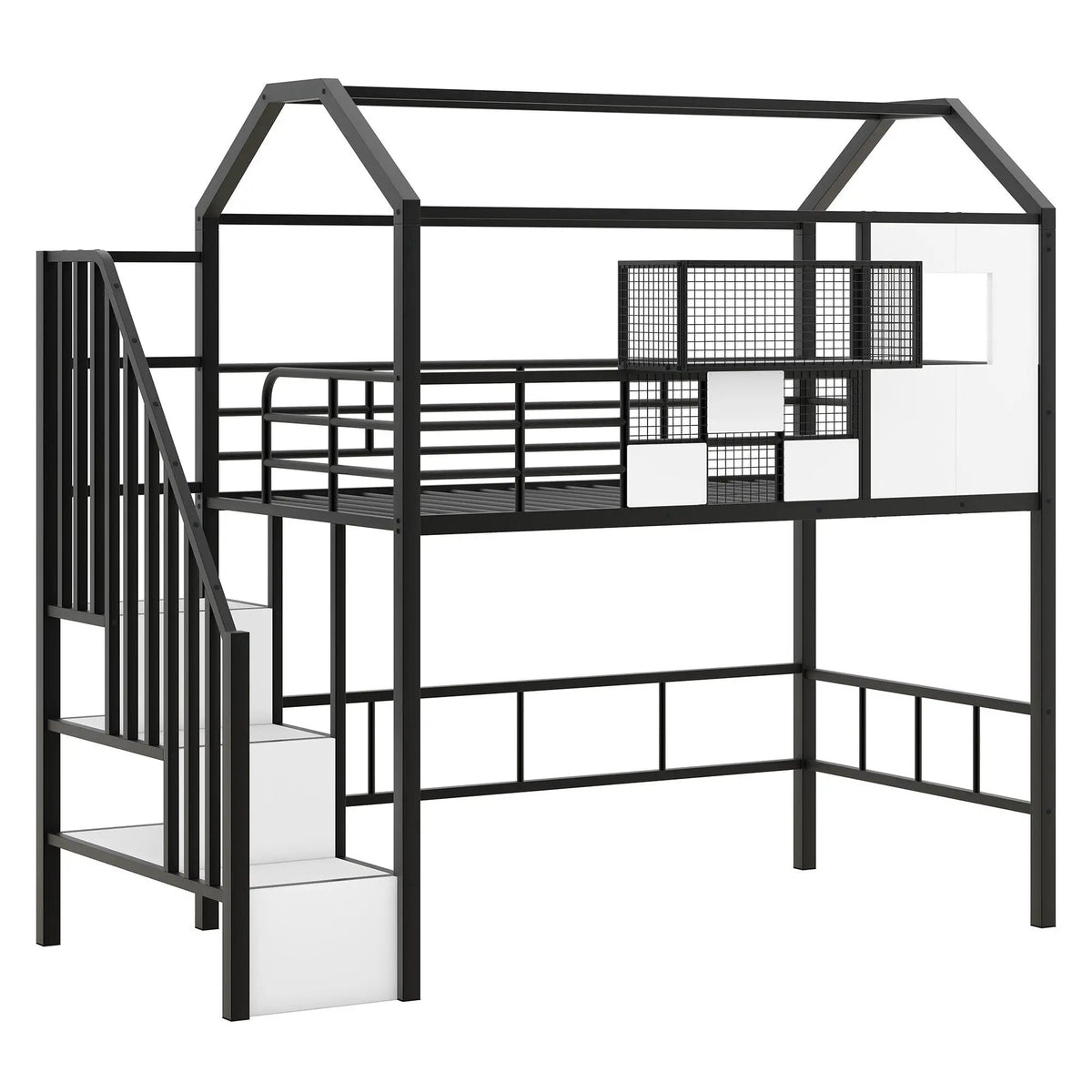 Metal Loft Bed | Roof Design | Storage Box | Integrated Ladder